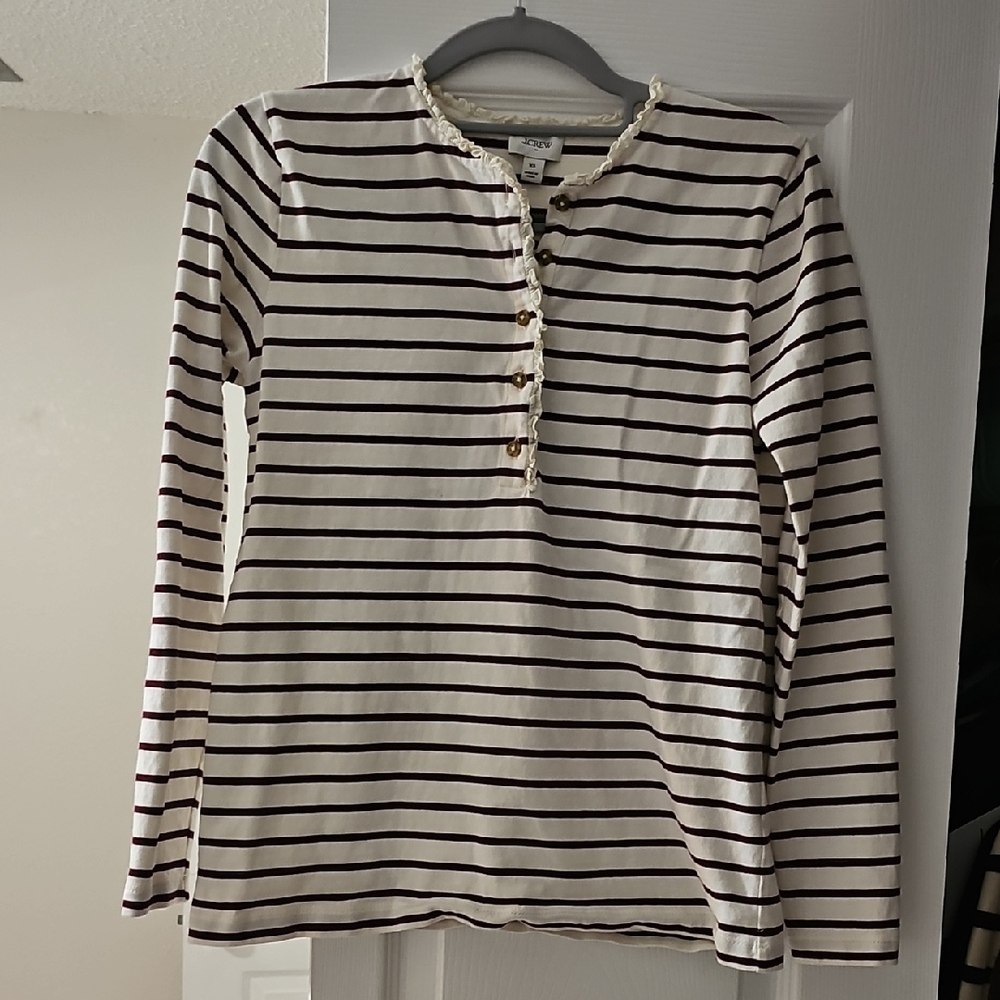 J. Crew Cream and Burgundy Striped Henley